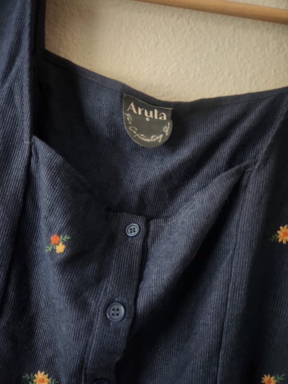 ARULA Navy Puff-Sleeve Button-Front Mini Dress with Embroidered Yellow Flowers - Picture 4 of 5